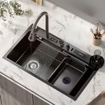 Set chiuveta si baterie multifunctionala Nextly, afisaj digital, baterie tip cascada continua, cap extensibil si retractabil, scurgator pentru cutite, accesorii incluse, kit complet montaj, sistem preaplin, 45x80 cm - imagine 16