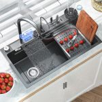 Set chiuveta si baterie multifunctionala Nextly, afisaj digital, baterie tip cascada continua, cap extensibil si retractabil, scurgator pentru cutite, accesorii incluse, kit complet montaj, sistem preaplin, 45x80 cm - imagine 14