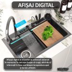 Set chiuveta si baterie multifunctionala Nextly, afisaj digital, baterie tip cascada continua, cap extensibil si retractabil, scurgator pentru cutite, accesorii incluse, kit complet montaj, sistem preaplin, 45x80 cm - imagine 2