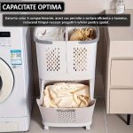 Cos de rufe, jucarii copii si alte obiecte NEXTLY, 3 compartimente, 4 roti detasabile, 2 cosuri cu maner detasabile, aplicabile pe perete, deschidere rabatabila, sistem de aerisire, 28x40x74cm, alb-gri - imagine 5