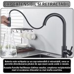 Baterie pentru chiuveta tip lebada NEXTLY, rotire la 360°, cap extensibil si retractabil, 2 tipuri de jet - normal si tip ploaie, 1-12 negru mat - imagine 4