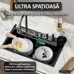 Set chiuveta si baterie multifunctionala Nextly, afisaj digital, baterie tip cascada continua, cap extensibil si retractabil, scurgator pentru cutite, accesorii incluse, kit complet montaj, sistem preaplin, 45x80 cm - imagine 10