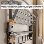 Suport de perete pentru baie/bucatarie NEXTLY, pliabil, carlige si bara pentru agatare, prindere cu ventuze cu suport de blocare, aluminiu, 41x63cm, 3-10 gri - imagine 3