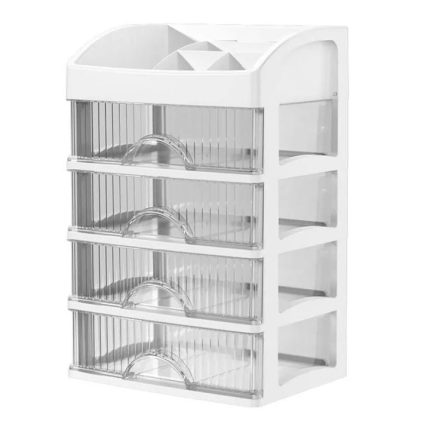Organizator de cosmetice, bijuterii, accesorii si alte obiecte NEXTLY, multifunctional, 4 sertare glisante, compartimenat, 16x22x33, 3-1 alb-transparent