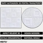 Set 50 x tapet autoadeziv 3D NEXTLY, pentru perete sau tavan, waterproof, ajustabil, adeziv puternic, usor de montat, suprafata acoperire 24.5 mp, 70x70 cm, alb, cod 73 - imagine 2