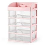 Organizator de cosmetice, bijuterii, accesorii si alte obiecte NEXTLY, multifunctional, 4 sertare glisante, compartimenat, 16x22x33, 3-1 roz-transparent