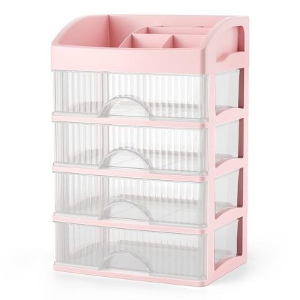Organizator de cosmetice, bijuterii, accesorii si alte obiecte NEXTLY, multifunctional, 4 sertare glisante, compartimenat, 16x22x33, 3-1 roz-transparent