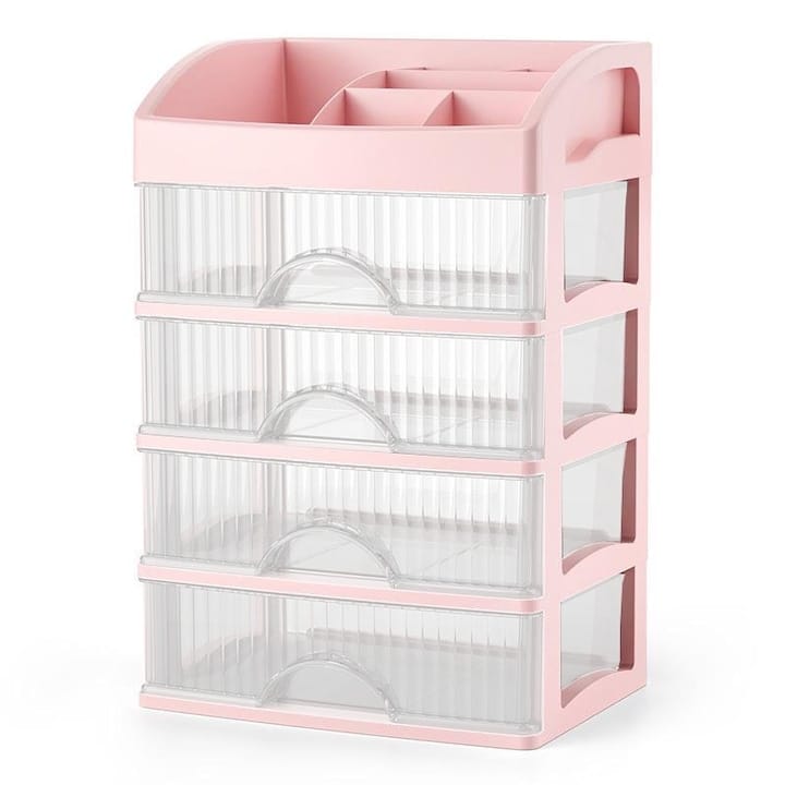 res_5e4445badafca7d45f2ee78f9ae6d1d2.jpg Organizator de cosmetice, bijuterii, accesorii si alte obiecte NEXTLY, multifunctional, 4 sertare glisante, compartimenat, 16x22x33, 3-1 roz-transparent - imagine 1