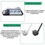 Prelungitor cu 3 prize NEXTLY, intrerupator, suport de agatare, rezistent la temperaturi ridicate, cablu 2.5m, alb-negru - imagine 4