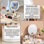 Organizator de cosmetice, bijuterii, accesorii si alte obiecte NEXTLY, oglinda detasabila si reglabila cu touch control, 3 moduri de iluminare, compartimentat, 14x26x9cm S, roz - imagine 7