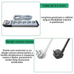 Prelungitor cu 5 prize NEXTLY, intrerupator, suport de agatare, rezistent la temperaturi ridicate, cablu 4.5m, alb-negru - imagine 4