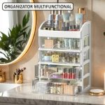 Organizator de cosmetice, bijuterii, accesorii si alte obiecte NEXTLY, multifunctional, 4 sertare glisante, compartimenat, 16x22x33, 3-1 roz-transparent - imagine 2