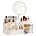 Organizator de cosmetice, bijuterii, accesorii si alte obiecte NEXTLY, oglinda detasabila si reglabila cu touch control, 3 moduri de iluminare, compartimentat, 15.5x28x9.5cm M, alb