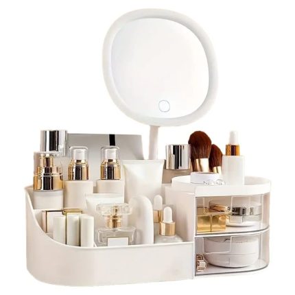 Organizator de cosmetice, bijuterii, accesorii si alte obiecte NEXTLY, oglinda detasabila si reglabila cu touch control, 3 moduri de iluminare, compartimentat, 18.5x33x12cm L, alb