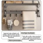Suport de perete pentru baie/bucatarie NEXTLY, pliabil, carlige si bara pentru agatare, prindere cu ventuze cu suport de blocare, aluminiu, 41x53cm, gri - imagine 5