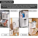 Cos de rufe, jucarii copii si alte obiecte NEXTLY, 3 compartimente, 4 roti detasabile, 2 cosuri cu maner detasabile, aplicabile pe perete, deschidere rabatabila, sistem de aerisire, 28x40x74cm, alb-gri - imagine 3