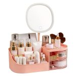 Organizator de cosmetice, bijuterii, accesorii si alte obiecte NEXTLY, oglinda detasabila si reglabila cu touch control, 3 moduri de iluminare, compartimentat, 15.5x28x9.5cm M, roz