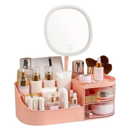 Organizator de cosmetice, bijuterii, accesorii si alte obiecte NEXTLY, oglinda detasabila si reglabila cu touch control, 3 moduri de iluminare, compartimentat, 14x26x9cm S, roz