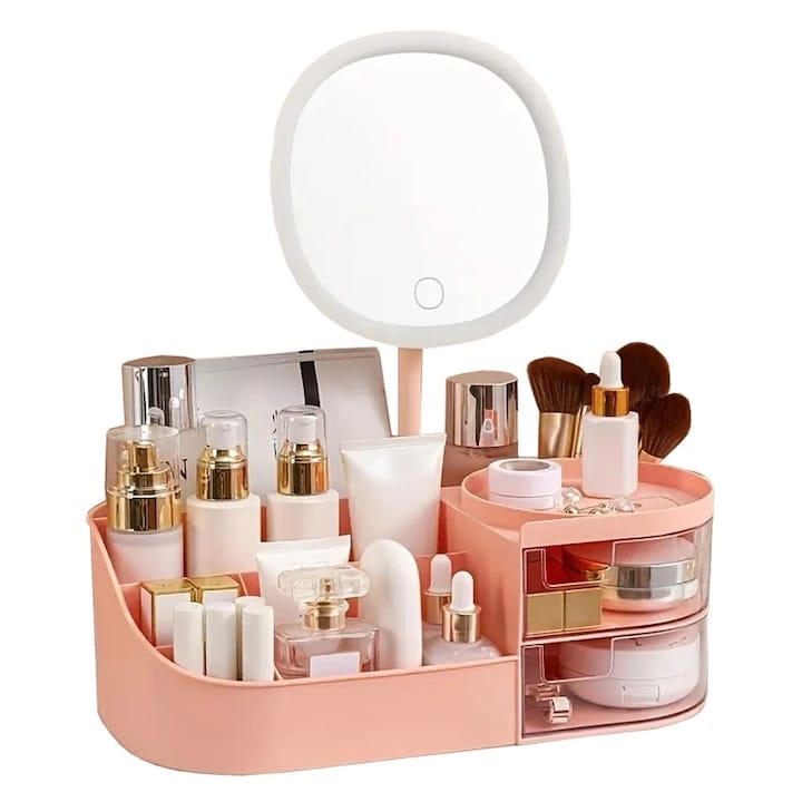 res_847428574d5059406c0a5d3f7c9ebae5-2.jpg Organizator de cosmetice, bijuterii, accesorii si alte obiecte NEXTLY, oglinda detasabila si reglabila cu touch control, 3 moduri de iluminare, compartimentat, 14x26x9cm S, roz - imagine 1