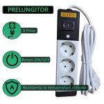 Prelungitor cu 3 prize NEXTLY, intrerupator, suport de agatare, rezistent la temperaturi ridicate, cablu 2.5m, alb-negru - imagine 2