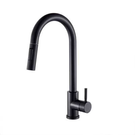 Baterie pentru chiuveta tip lebada NEXTLY, rotire la 360°, cap extensibil si retractabil, 2 tipuri de jet - normal si tip ploaie, 1-12 negru mat