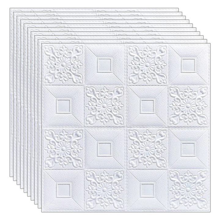 res_9f6537765520e3c4b7c6b1b9276cd6e3-3.jpg Set 50 x tapet autoadeziv 3D NEXTLY, pentru perete sau tavan, waterproof, ajustabil, adeziv puternic, usor de montat, suprafata acoperire 24.5 mp, 70x70 cm, alb, cod 73 - imagine 1