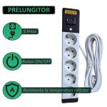 Prelungitor cu 5 prize NEXTLY, intrerupator, suport de agatare, rezistent la temperaturi ridicate, cablu 4.5m, alb-negru - imagine 2