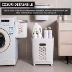 Cos de rufe, jucarii copii si alte obiecte NEXTLY, 3 compartimente, 4 roti detasabile, 2 cosuri cu maner detasabile, aplicabile pe perete, deschidere rabatabila, sistem de aerisire, 28x40x74cm, alb-gri - imagine 7