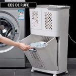 Cos de rufe, jucarii copii si alte obiecte NEXTLY, 3 compartimente, 4 roti detasabile, 2 cosuri cu maner detasabile, aplicabile pe perete, deschidere rabatabila, sistem de aerisire, 28x40x74cm, alb-gri - imagine 2