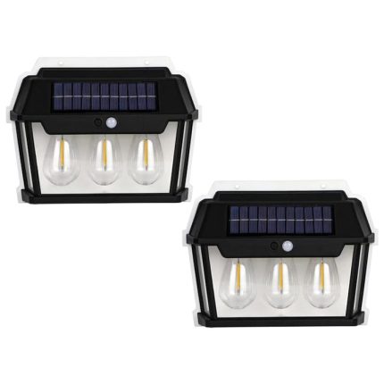 Set 2 x lampa solara de exterior cu 3 becuri NEXTLY, 3 moduri de functionare, senzori de miscare si lumina, stare de veghe, lumina calda, waterproof, 38W, negru/alb