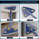 Mop multifunctional NEXTLY pentru suprafete uscate si ude, cap triunghiular rotativ 360°, stergator pentru geamuri, podele, pereti, mobila, laveta microfibre, maner telescopic, ajustabil, 6 lavete inc - imagine 5