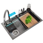 Set chiuveta si baterie multifunctionala Nextly, afisaj digital, baterie tip cascada continua, cap extensibil si retractabil, scurgator pentru cutite, accesorii incluse, kit complet montaj, sistem preaplin, 45x80 cm