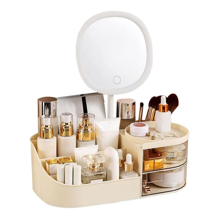 res_dc422e6dc37b2ad1e3dabe37a5965cf7.jpg Organizator de cosmetice, bijuterii, accesorii si alte obiecte NEXTLY, oglinda detasabila si reglabila cu touch control, 3 moduri de iluminare, compartimentat, 18.5x33x12cm L, alb murdar - imagine 1