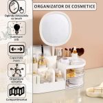 Organizator de cosmetice, bijuterii, accesorii si alte obiecte NEXTLY, oglinda detasabila si reglabila cu touch control, 3 moduri de iluminare, compartimentat, 14x26x9cm S, alb murdar - imagine 2