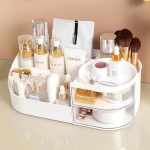 Organizator de cosmetice, bijuterii, accesorii si alte obiecte NEXTLY, oglinda detasabila si reglabila cu touch control, 3 moduri de iluminare, compartimentat, 15.5x28x9.5cm M, alb murdar - imagine 11