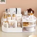 Organizator de cosmetice, bijuterii, accesorii si alte obiecte NEXTLY, oglinda detasabila si reglabila cu touch control, 3 moduri de iluminare, compartimentat, 15.5x28x9.5cm M, alb murdar - imagine 10