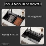 Set chiuveta si baterie multifunctionala Nextly, afisaj digital, baterie tip cascada continua, cap extensibil si retractabil, scurgator pentru cutite, accesorii incluse, kit complet montaj, sistem preaplin, 45x80 cm - imagine 13