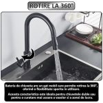 Baterie pentru chiuveta tip lebada NEXTLY, rotire la 360°, cap extensibil si retractabil, 2 tipuri de jet - normal si tip ploaie, 1-12 negru mat - imagine 8