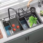 Set chiuveta si baterie multifunctionala Nextly, afisaj digital, baterie tip cascada continua, cap extensibil si retractabil, scurgator pentru cutite, accesorii incluse, kit complet montaj, sistem preaplin, 45x80 cm - imagine 15