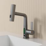Baterie pentru chiuveta NEXTLY, pentru bucatarie si baie, cap extensibil si retractabil, 3 moduri de jet - aerat/sub presiune/tip cascada, afisaj LED cu iluminare temperatura, rotire la 360°, ajustabil pe inaltime, gri metalizat inchis - imagine 14