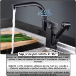 Baterie de chiuveta 2 in 1 NEXTLY, cap principal rotativ la 360° cu aerator tip fagure si duza extractibila flexibila, 2 moduri de jet - normal si tip pulverizare, 1-9 negru mat - imagine 4