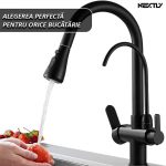 Baterie multifunctionala pentru chiuveta, NEXTLY, tip lebada, dubla, cap extensibil si retractabil, doua moduri de jet, baterie pentru apa filtrata, rotatie 360°, negru mat - imagine 9
