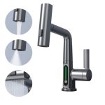 Baterie pentru chiuveta NEXTLY, pentru bucatarie si baie, cap extensibil si retractabil, 3 moduri de jet - aerat/sub presiune/tip cascada, afisaj LED cu iluminare temperatura, rotire la 360°, ajustabil pe inaltime, gri metalizat inchis