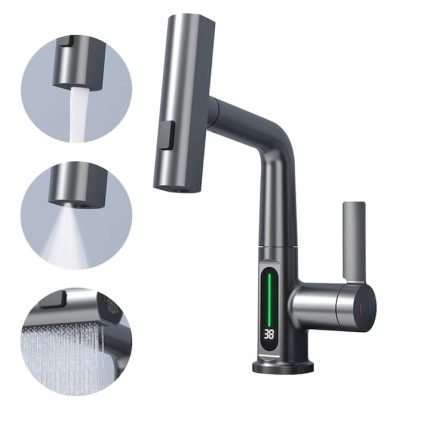 Baterie pentru chiuveta NEXTLY, pentru bucatarie si baie, cap extensibil si retractabil, 3 moduri de jet - aerat/sub presiune/tip cascada, afisaj LED cu iluminare temperatura, rotire la 360°, ajustabil pe inaltime, gri metalizat inchis