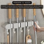 Suport de perete pentru depozitare maturi, mopuri si alte accesorii NEXTLY, organizator multifunctional bucatarie, baie, balcon, 4 cleme si 5 carlige retractabile, anti-alunecare, waterproof, prindere cu adeziv, ABS, alb - imagine 6