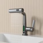 Baterie pentru chiuveta NEXTLY, pentru bucatarie si baie, cap extensibil si retractabil, 3 moduri de jet - aerat/sub presiune/tip cascada, afisaj LED cu iluminare temperatura, rotire la 360°, ajustabil pe inaltime, gri metalizat inchis - imagine 13