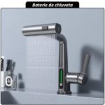 Baterie pentru chiuveta NEXTLY, pentru bucatarie si baie, cap extensibil si retractabil, 3 moduri de jet - aerat/sub presiune/tip cascada, afisaj LED cu iluminare temperatura, rotire la 360°, ajustabil pe inaltime, gri metalizat inchis - imagine 2