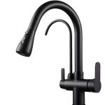 Baterie multifunctionala pentru chiuveta, NEXTLY, tip lebada, dubla, cap extensibil si retractabil, doua moduri de jet, baterie pentru apa filtrata, rotatie 360°, negru mat