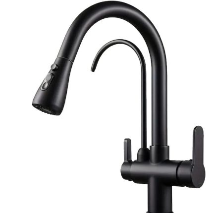 Baterie multifunctionala pentru chiuveta, NEXTLY, tip lebada, dubla, cap extensibil si retractabil, doua moduri de jet, baterie pentru apa filtrata, rotatie 360°, negru mat