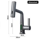 Baterie pentru chiuveta NEXTLY, pentru bucatarie si baie, cap extensibil si retractabil, 3 moduri de jet - aerat/sub presiune/tip cascada, afisaj LED cu iluminare temperatura, rotire la 360°, ajustabil pe inaltime, gri metalizat inchis - imagine 12